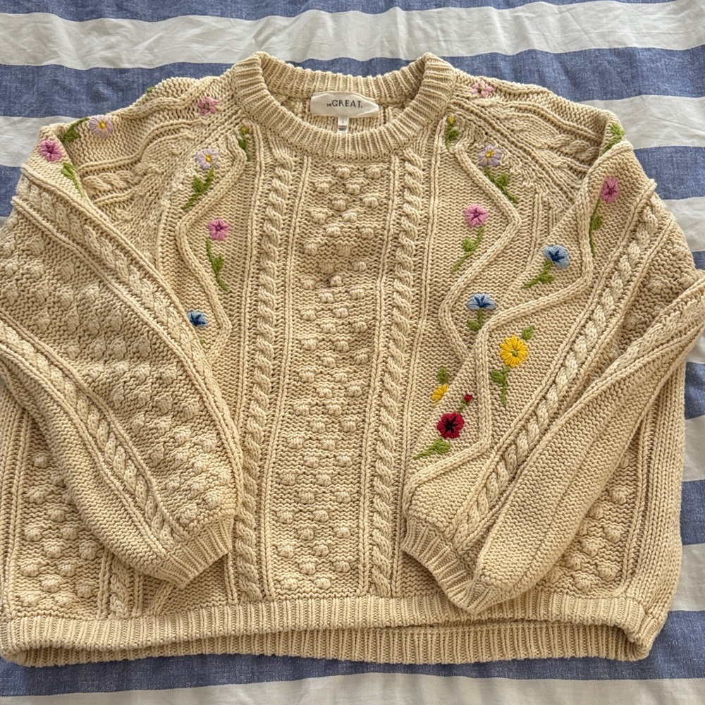 THE GREAT Beige Cable Knit Sweater with Floral Embroidery